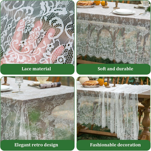 2PCS White Embroidered Lace Tablecloth Rectangle Vintage Floral Table Cover 150x305CM