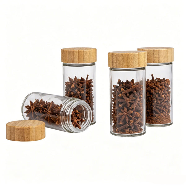 Glass Spice Jars 24 Pack – Airtight Bamboo Lid Spice Jar Set with Labels & Funnel