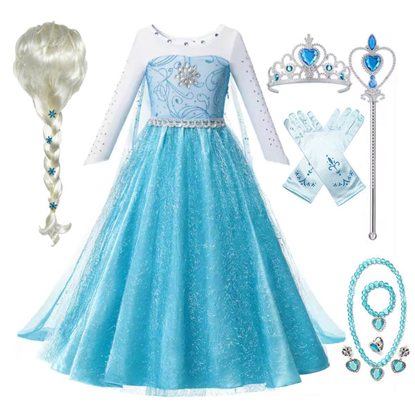 Kids Ice Princess Dress Costume Girls Fairy Tale Ball Gown Wig Book Week Party