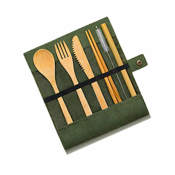 7PCS Reusable Bamboo Cutlery Set Eco Friendly Camping Travel Fork Kit Portable A