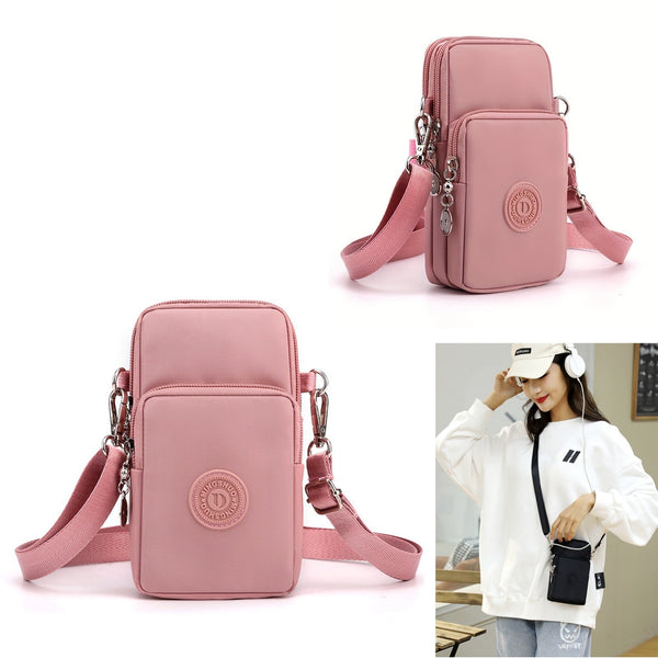 Women Pink Crossbody Phone Bag Nylon Shoulder Purse Coin Storage Pouch