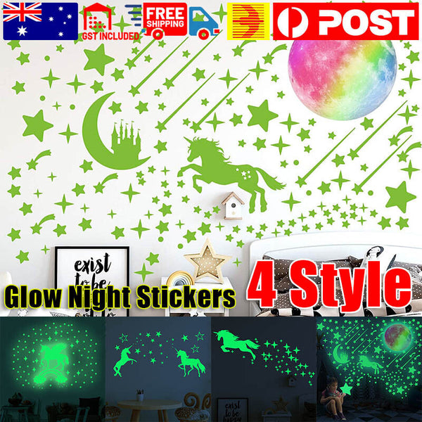 Glow In The Dark Rainbow Moon Stars Unicorn Wall Sticker Kids Room Fun Decor