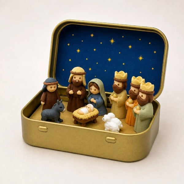 Mini Christmas Nativity Set in a Tin Box, Jesus Portable Pocket Scene Decor 3D