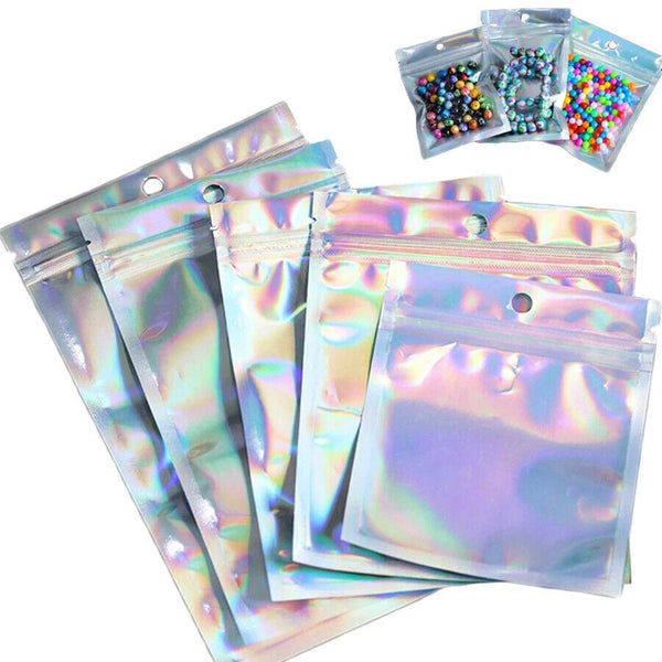 100PCS Rainbow Colour Holographic Storage Pouches Zipper Seal Foil Packaging Bag