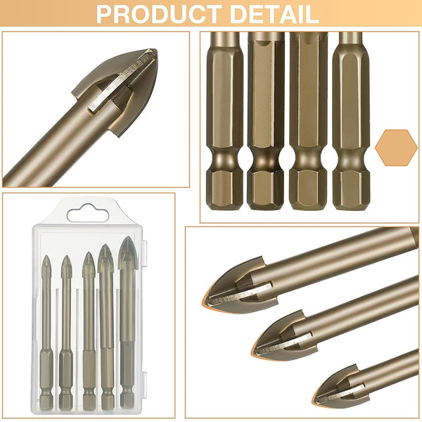 5PCS Titanium Ceramic Tile Glass Drill Bit Tungsten Carbide Cross Spear Head New