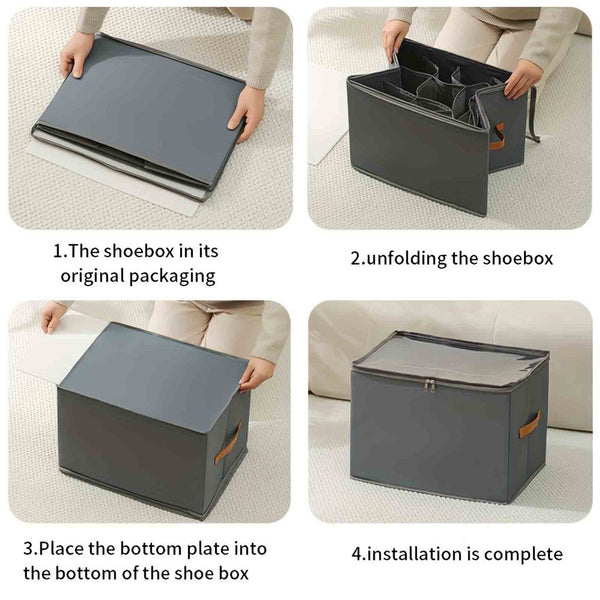 Foldable Fabric Shoe Storage Box with 12 Dividers | Black Closet Organizer