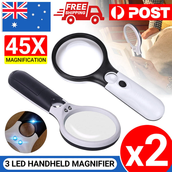 2x Handheld Magnifying Glass With 3LED Light 45X High Powe Illuminated Magnifier