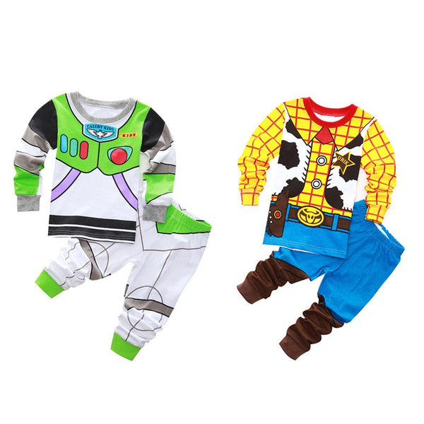 Buzz Lightyear and Woody Toy Story pyjama sets flat lay