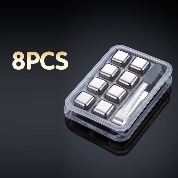 Stainless Steel Whiskey Stones x 8 Ice Cubes With Tong Reusable Cooling Ice Cube