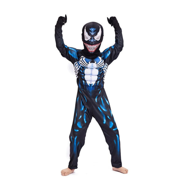 Child in Venom costume with arms raised front view