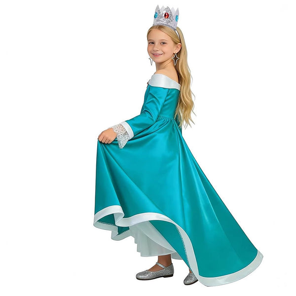 Girl modelling teal Rosalina princess dress with crown, side view