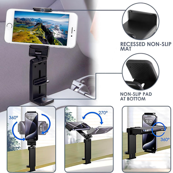 Universal Adjustable Phone Stand Holder | 360° Rotating Travel Desk & Clip Mount