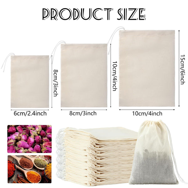 40PCS Reusable Cotton Muslin Filter Bags Spices Herbs Tea Soup Drawstring 3 Size