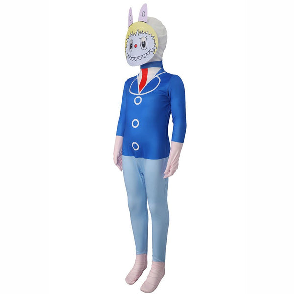 Child in blue Labubu jumpsuit costume side view – Pop Mart