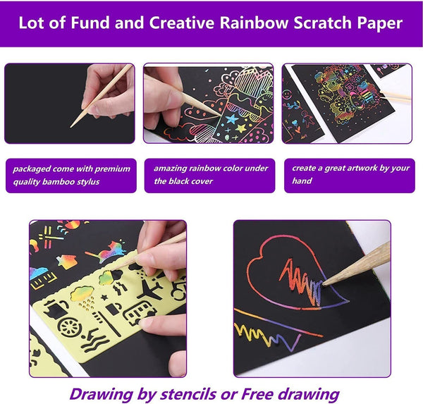 20X Sheets Scratch Paper Creative Art Rainbow Paper Sketch Book+Bamboo Pen Ruler
