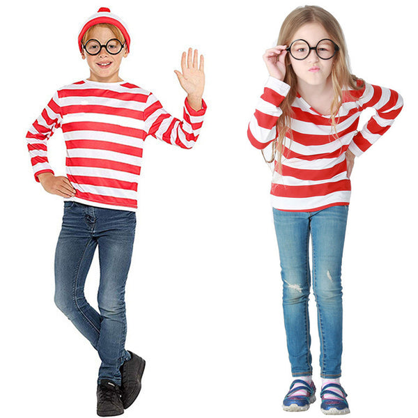 Women Men Kids Wheres Wally T-shirt Glasses Hat Socks Christmas Costume Cosplay