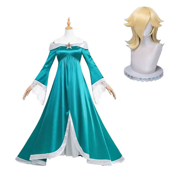 Girls Rosalina costume teal gown with long blonde princess wig