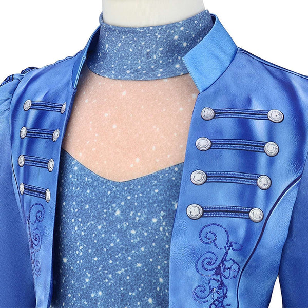 Close up of Descendants Chloe costume jacket collar and glitter bodice
