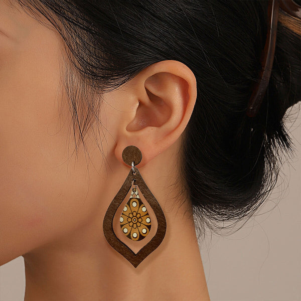 Vintage Wooden Drop Earrings Long Style Boho Chic Jewelry for Women Gift Idea