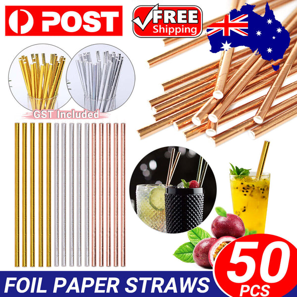 50pcs Foil Paper Straws Metallic Wedding Birthday Party Tableware Biodegradable