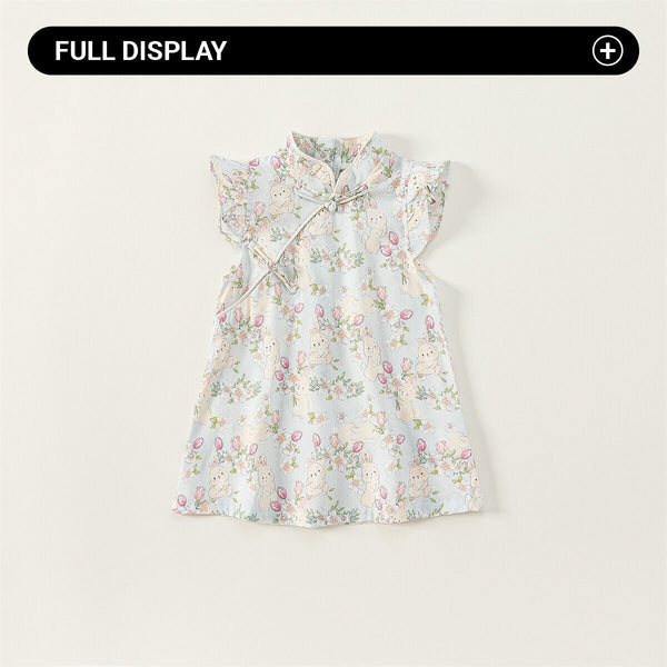 Summer Girls Cheongsam Dress | Stand Collar Flying Sleeve Rabbit Print Qipao