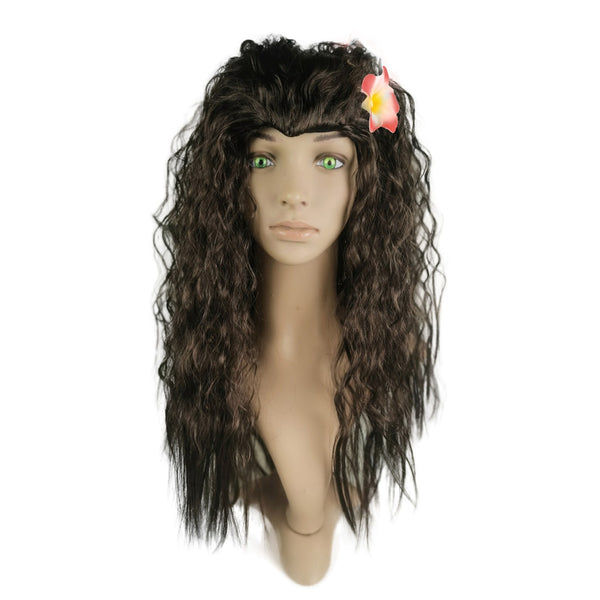 Long dark wavy Moana costume wig with a tropical flower for girls
