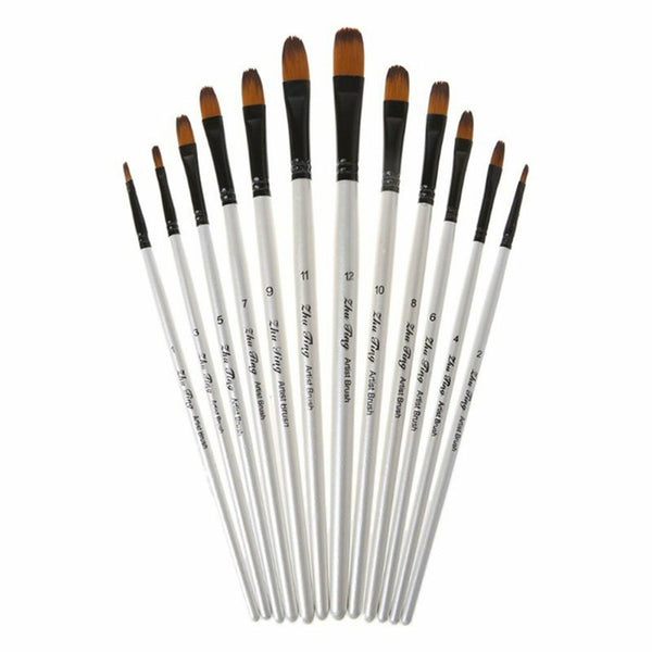 12Pcs Art Paint Brush Set Taklon Bristle Watercolor Acrylic Oil Painting Brush