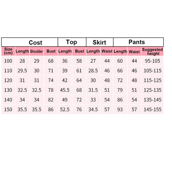 Descendants Red kids costume size chart by height 100 to 150cm