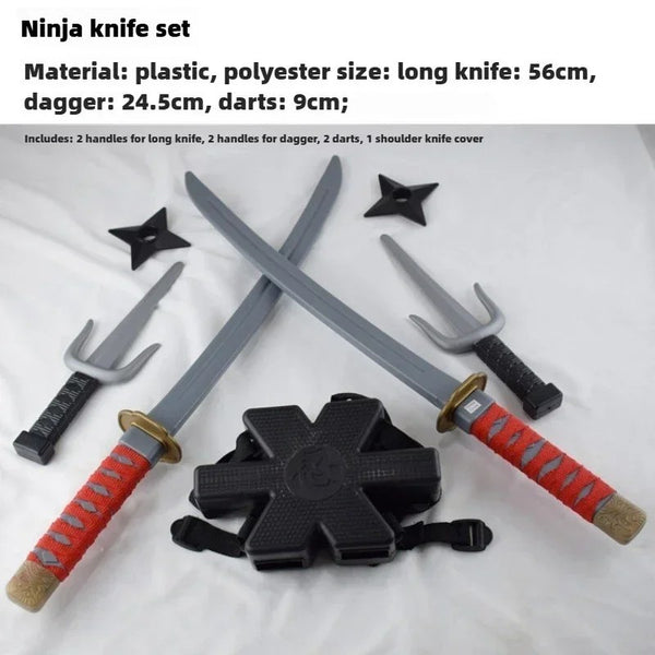 Full ninja weapons pack laid out - two 56cm katana, two sai and two throwing stars