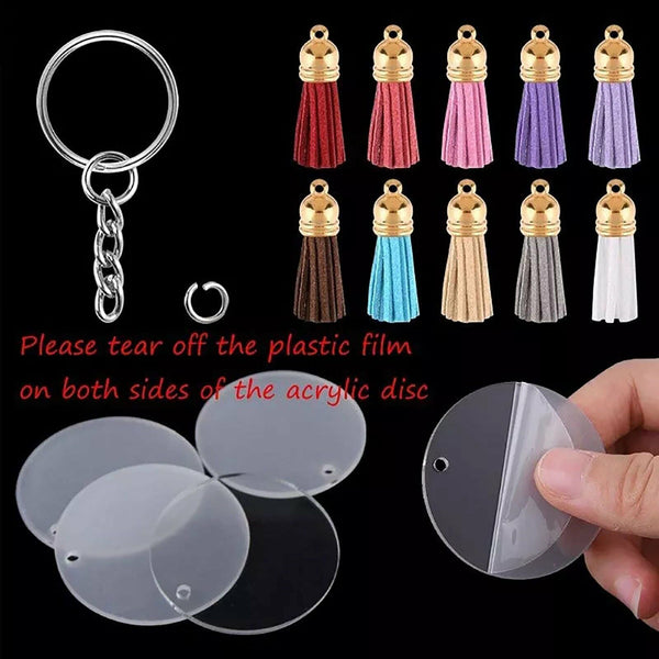 90Pcs Key Ring Clear Acrylic Circle Discs Keychain Blanks Tassel Pendant DIY AU
