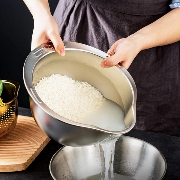 3PCS Stainless Steel Rice Washing Bowl 4-in-1 Colander Strainer