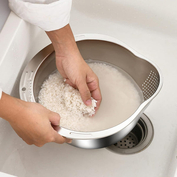 3PCS Stainless Steel Rice Washing Bowl 4-in-1 Colander Strainer