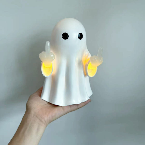 Halloween Ghost Middle Finger Glowing Night Light – Resin Spooky Desk Lamp