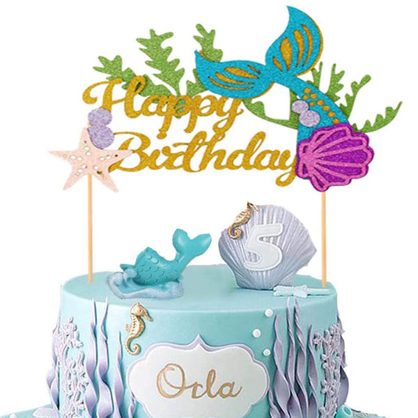 2PCS 16cm Mermaid Tail Cake Topper Sea Shell Party Supplies Happy Birthday Decor