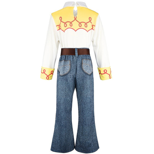 Jessie costume back view - white shirt and denim-look flare pants - Lets Party