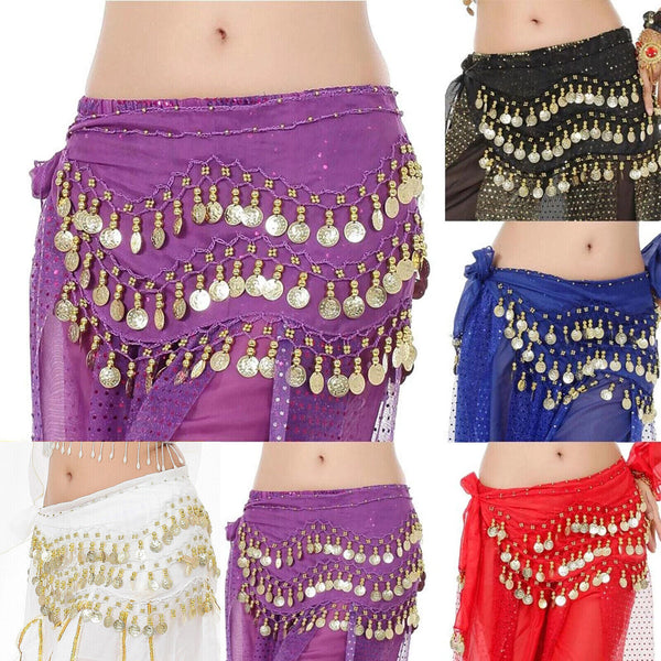 3Rows Belly Dance Dancing Hip Scarf Belt Chain Skirt Golden Tone 98 Coin Bead AU