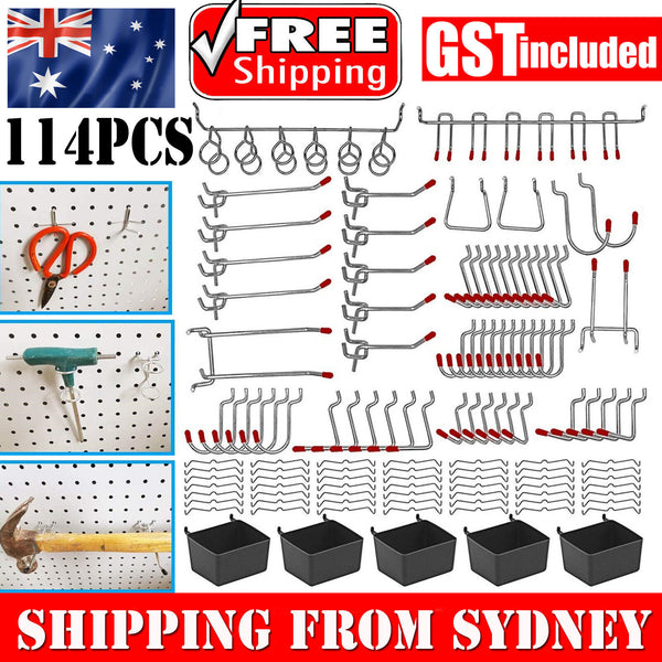 114PCS Pegboard Hooks Set Bins Peg Board Wall Hanger Garage Organizer Workshop