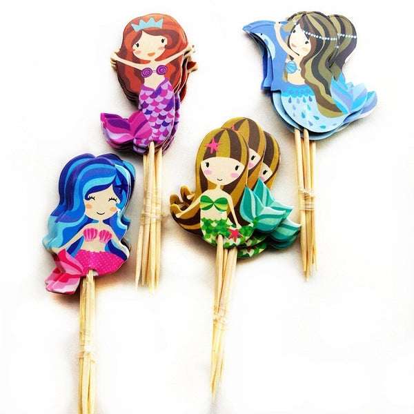 24PCS Mermaid Cupcake Topper Set Party Supplies Girls Birthday Decoration