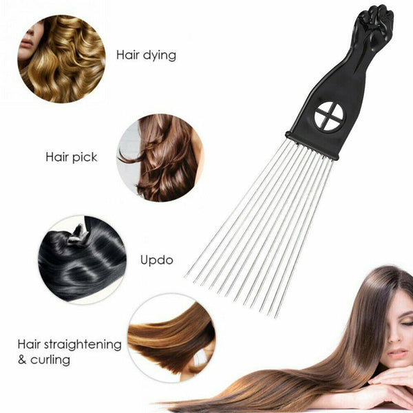 Black Detangle Metal Tooth Hair Comb Wig Afro Braid Pick Sector w/ Fist Handle A