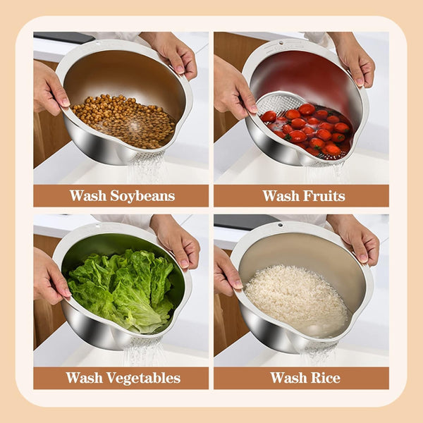 3PCS Stainless Steel Rice Washing Bowl 4-in-1 Colander Strainer