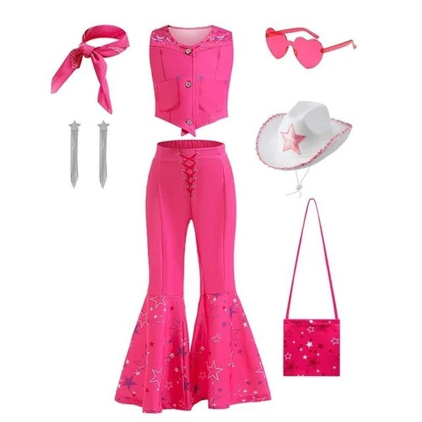 Barbie cowgirl costume with white hat, earrings, scarf and bag