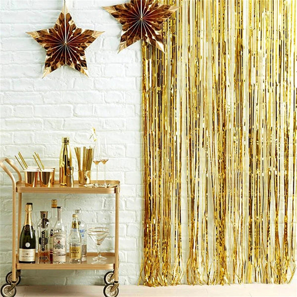 3M Metallic Tinsel Curtain Foil Backdrop Pom Poms Streamers Hen Party Deco Gold