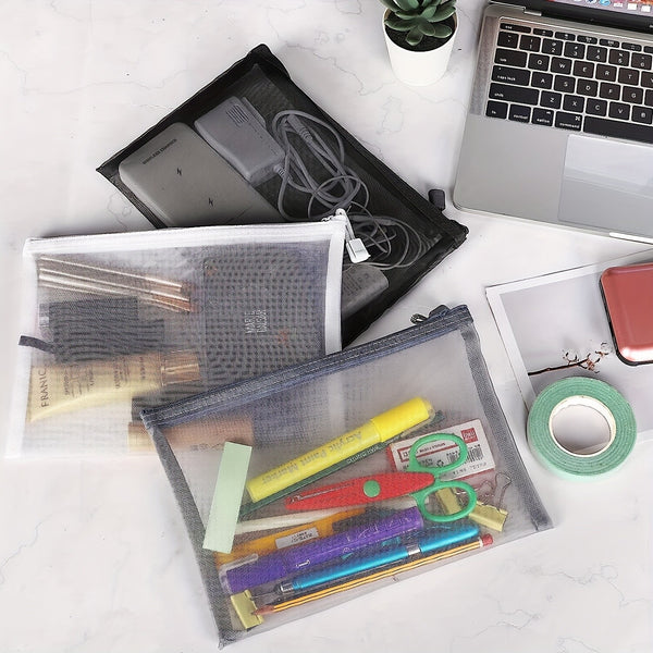 12PCS Clear Mesh Pencil Case Transparent Zipper Stationery Storage Pouch Set