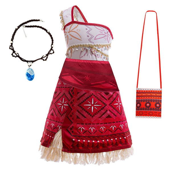 Moana costume dress with necklace and woven shoulder bag for girls