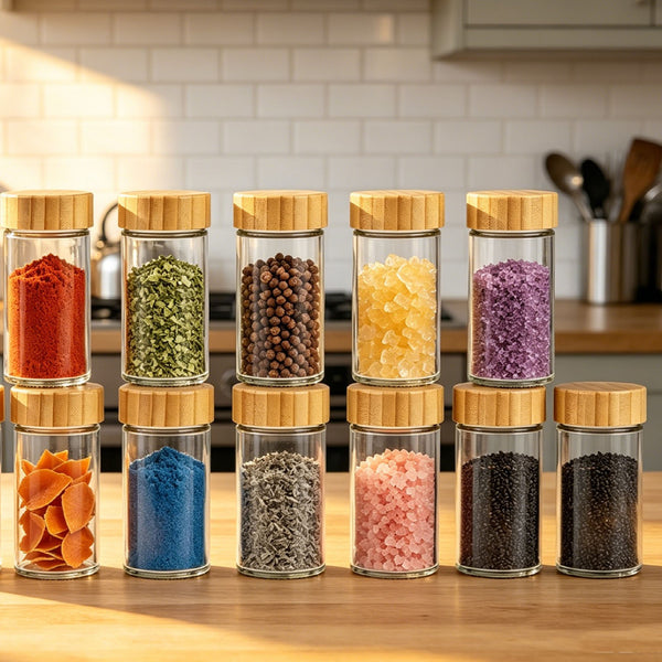 Glass Spice Jars 24 Pack – Airtight Bamboo Lid Spice Jar Set with Labels & Funnel