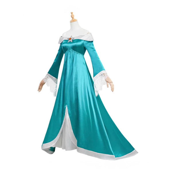 Rosalina princess costume back view showing teal gown and crown