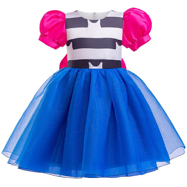 Gabby Dollhouse tutu dress front view - striped top and blue tulle skirt - Lets Party