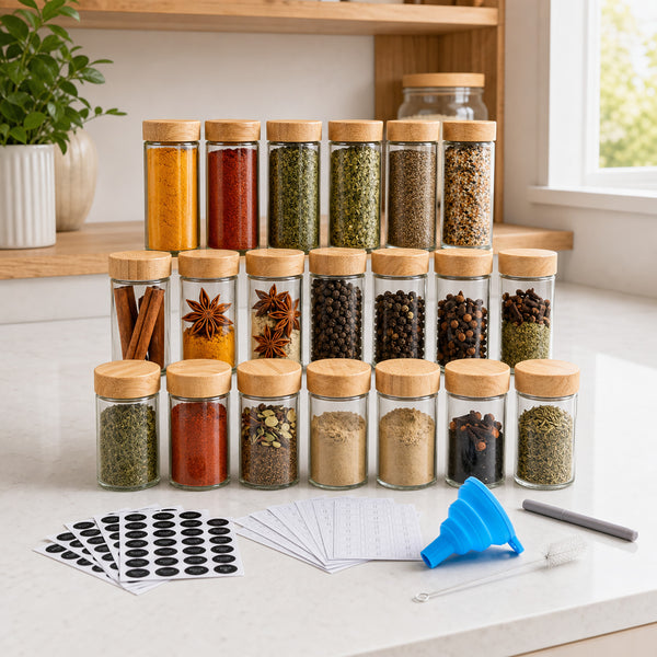 Glass Spice Jars 24 Pack – Airtight Bamboo Lid Spice Jar Set with Labels & Funnel
