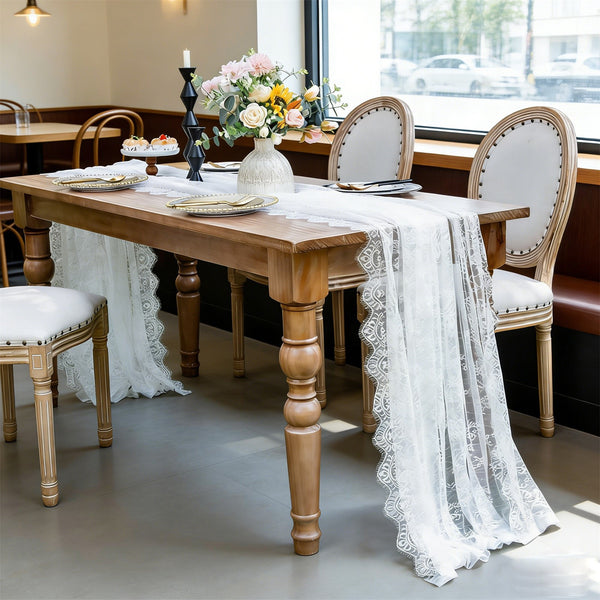 2PCS White Embroidered Lace Tablecloth Rectangle Vintage Floral Table Cover 150x305CM