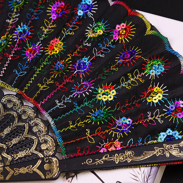 Peacock Hand Fan Sequin for Dance Pattern Wedding Embroidered Folding Party